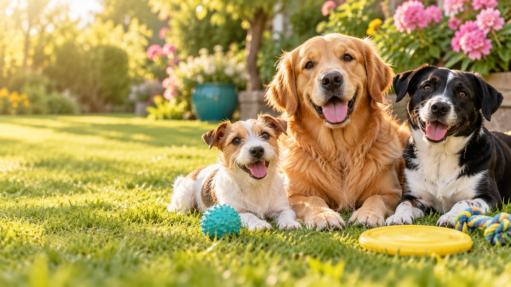Illustrative happy dogs in a sunny garden